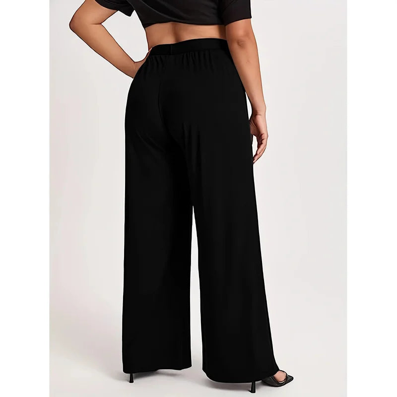  2025 Trendy Classy Wide Leg Pants Women Solid Black Regular Waist Comfortable Slimming Office Daily Wear 