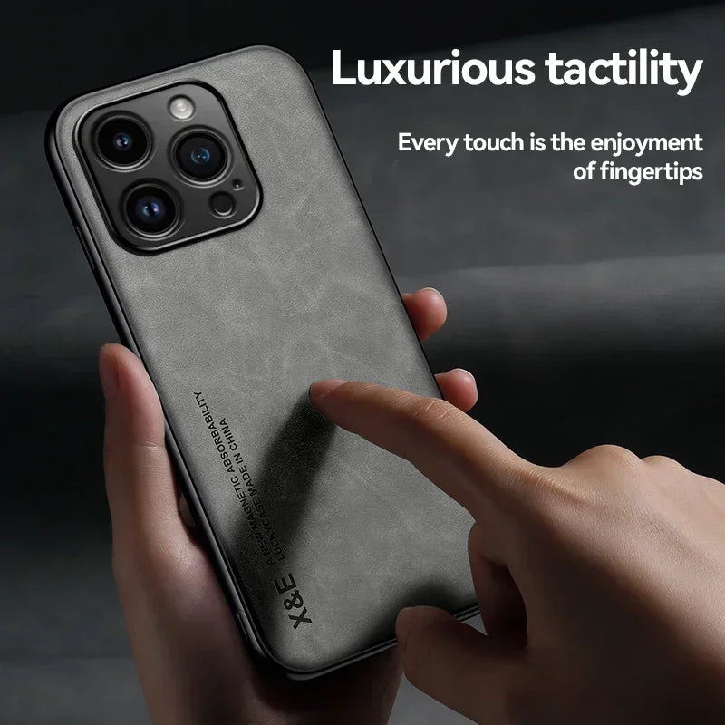 Luxury Leather Case For iPhone 17 16 16e 15 14 13 12 11 Pro Max Plus 12 13 Mini SE 8 7 Cover With Metal Plate Support Car Hold