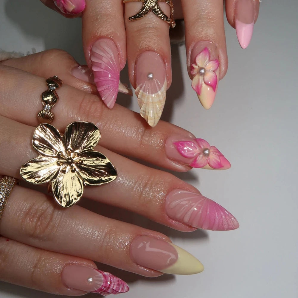 24Pcs Retro Flower Long Coffin French Fake Nails Caviar Bead Floral Gold Hollow Design Press On Nail Tips Y2k Acrylic 2030