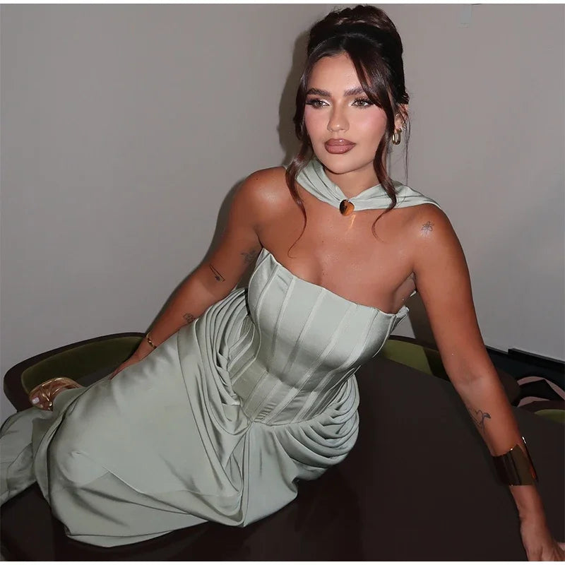 Elegant Long Dress Women Strapless Sleeveless Scarf High Waist Vestidos Female 2025 Spring Summer New Chic Lady Evening Dresses