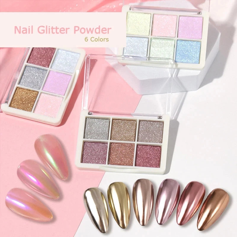 6Colors/Set Solid Magic Mirror Nail Art Powder Aurora Metallic Effect Chrome Glitter Pigment Holographic  Eye/Nails Decor Dust