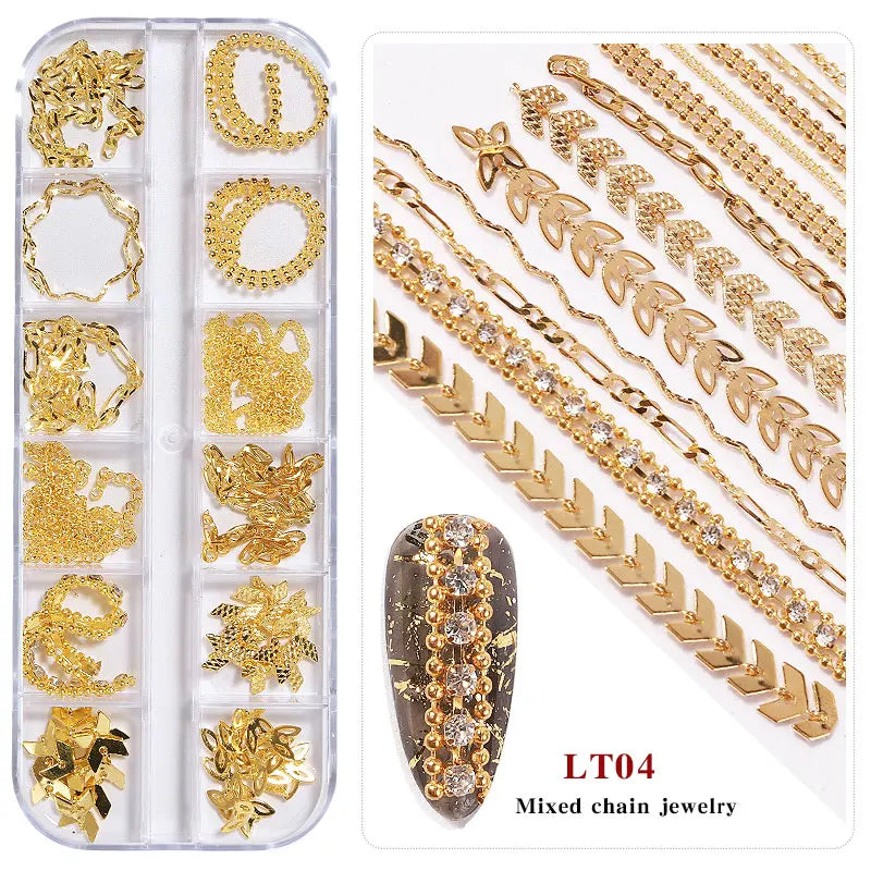 Misscheering 12 Grid Mixed Style Nail Chain Jewelry For DIY Art Decoration Fashion Metal Nails Accessories For Manicure Design