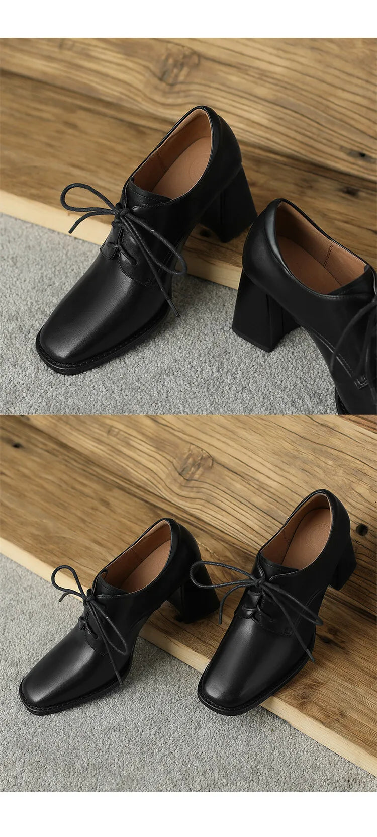 NEW Spring/Autumn Women Loafers Square Toe High heels Split Leather Chunky Heel Pumps Women Plus Size Retro Lace Up Black Shoes