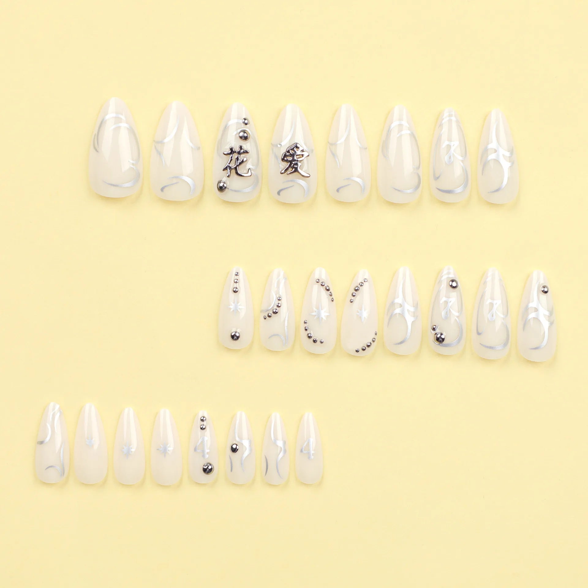 24pcs y2k Sliver Cool Fake Nails Goth Style 3D False Nail Patch Lady Women Wearable Detchable Artificial Nails Patches for Girls