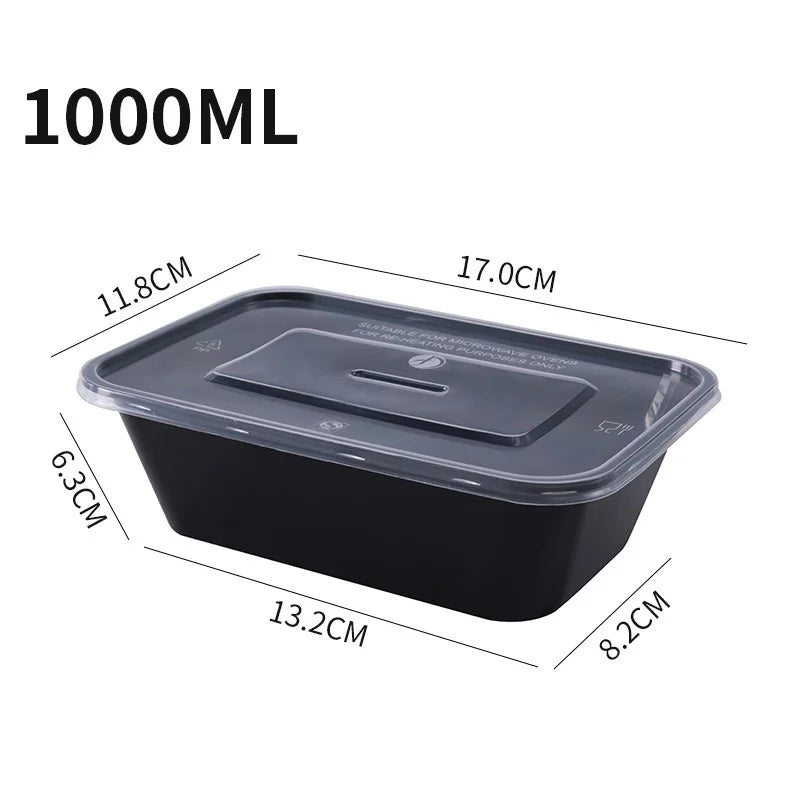 20 PCS/1000ml Thickened Disposable Takeout Lunch Box Tableware Can Be Heated Rectangular Black Plastic Bowl Food Packaging