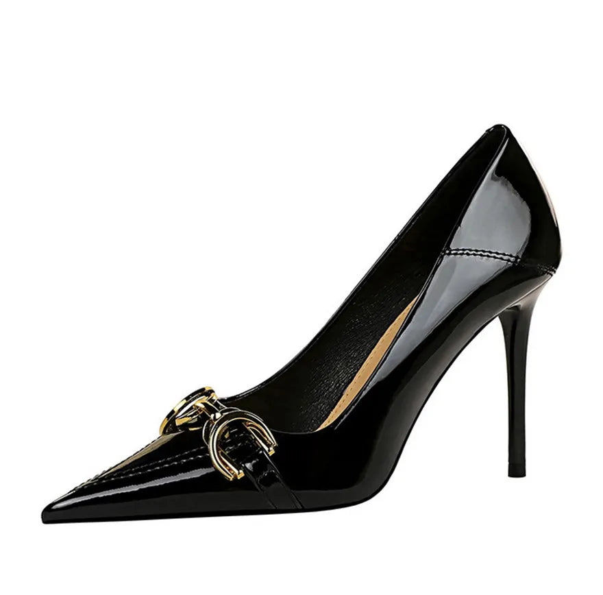 Red White Metal Buckle Wedding Shoes Women 2026 New Patent Leather Shallow High Heels Pumps Fashion Pointy Toe Party Shoes Woman