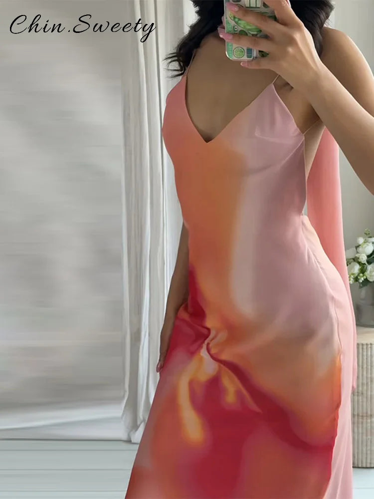 Elegant Tie Dye Printed Long Dress Women Ribbon V-neck Sleeveless Slim Sling Dresses 2025 Summer Lady Chic Beach Vacation Robes