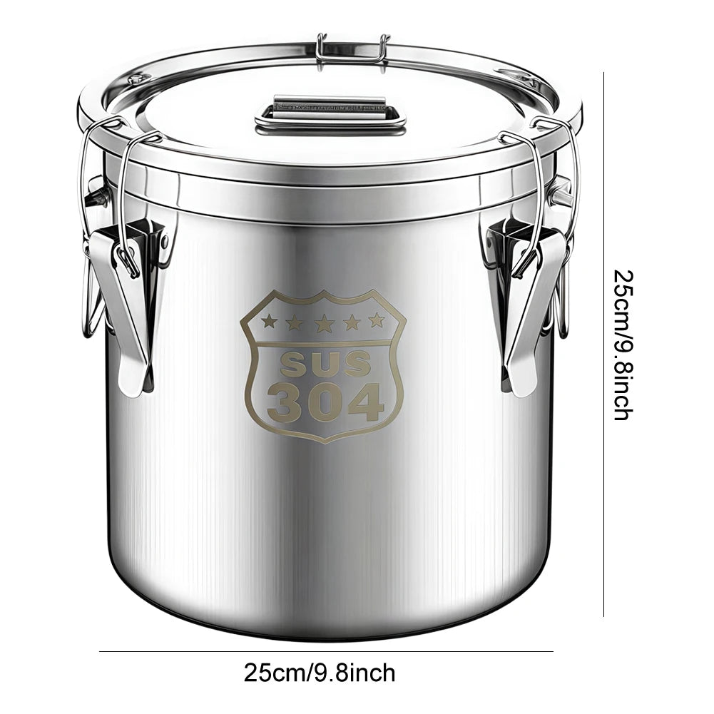 6/12/21/33L 304 Stainless Steel Airtight Canister with Locking Clamp for Rice Grain Oil Sugar Storage Bucket Kitchen Container