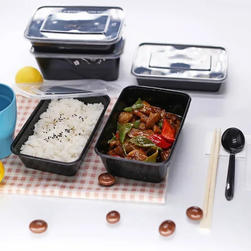 20 PCS/1000ml Thickened Disposable Takeout Lunch Box Tableware Can Be Heated Rectangular Black Plastic Bowl Food Packaging