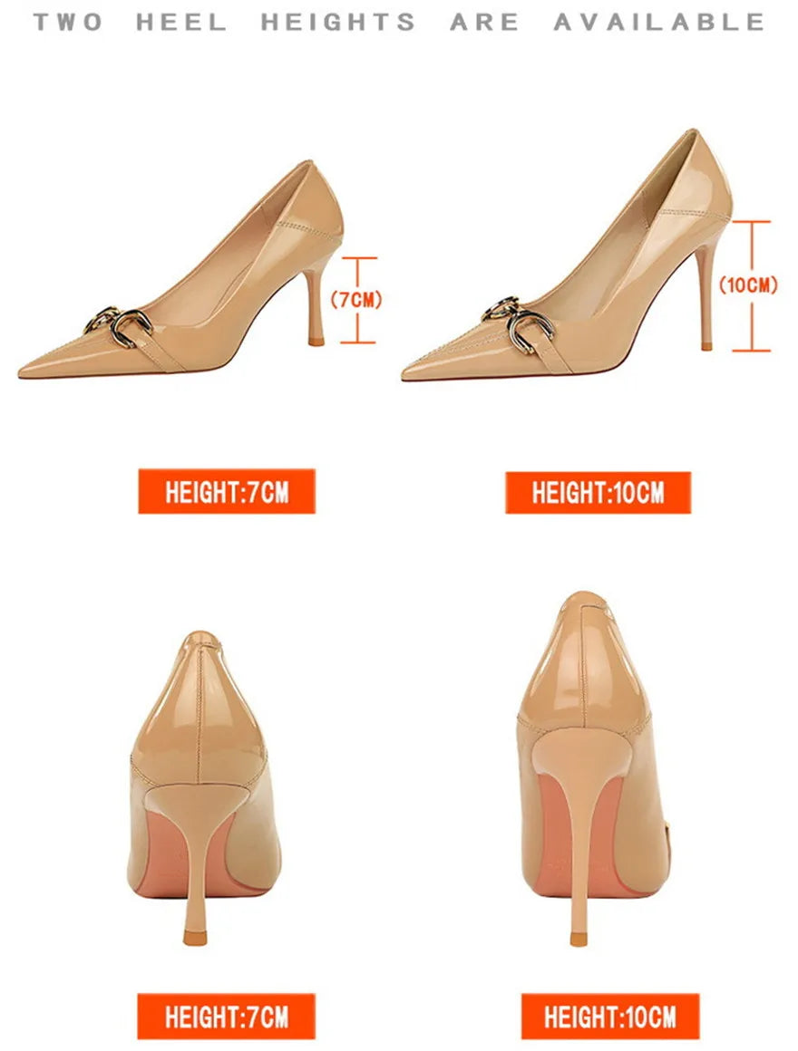 Red White Metal Buckle Wedding Shoes Women 2026 New Patent Leather Shallow High Heels Pumps Fashion Pointy Toe Party Shoes Woman