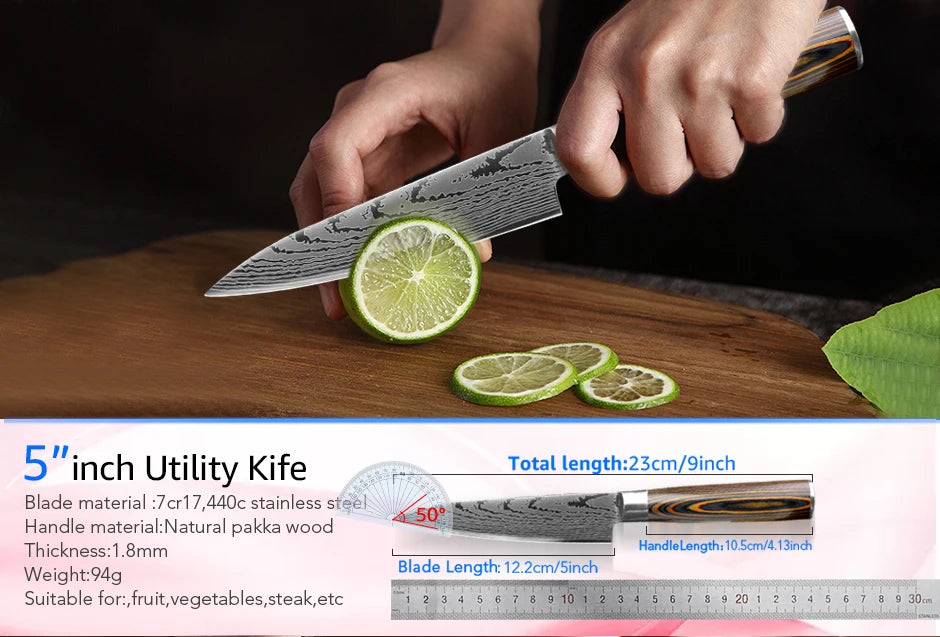 Kitchen Knife Chef Knives Japanese 7CR17 440C High Carbon Stainless Steel Imitation Damascus Sanding Laser Knife