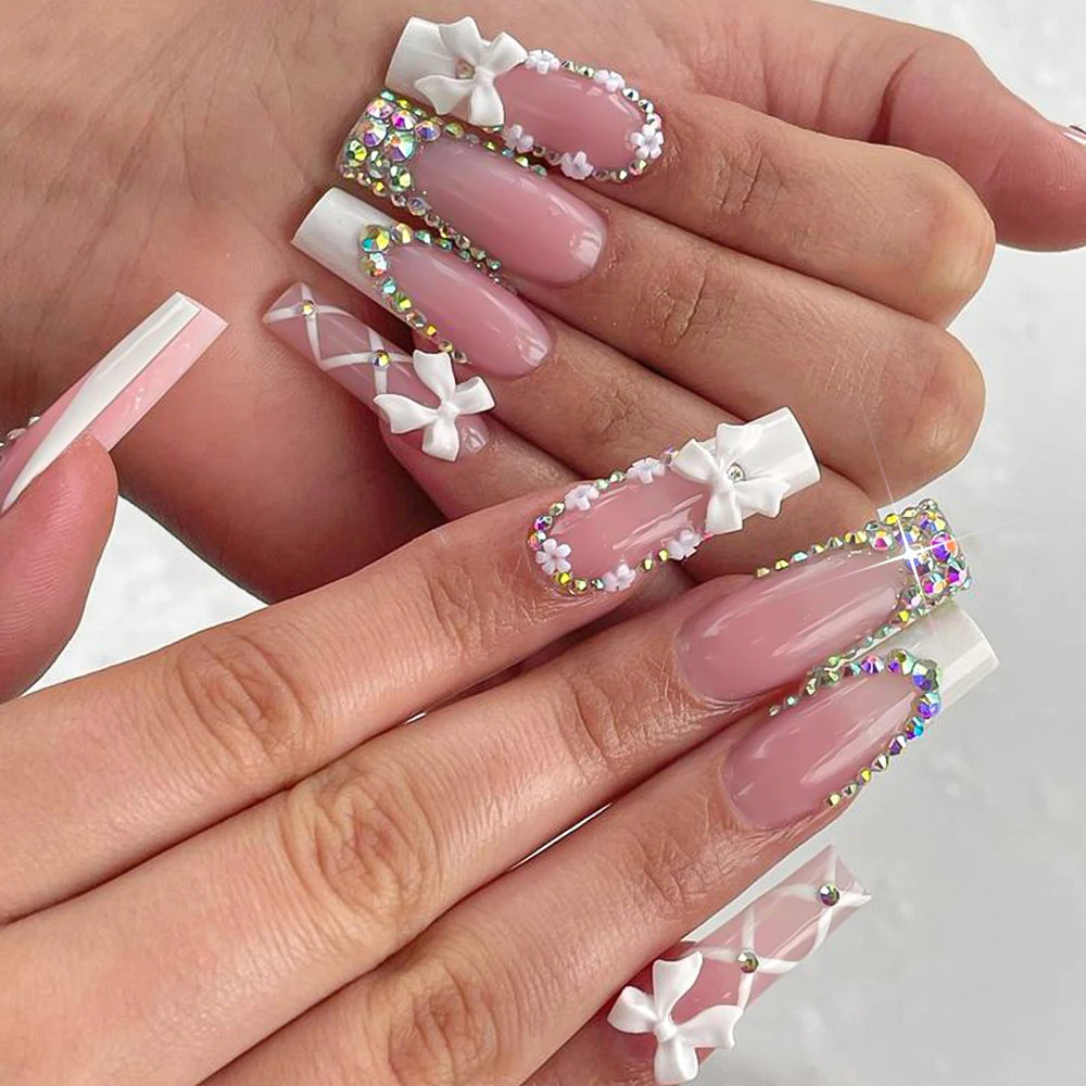 24Pcs Retro Flower Long Coffin French Fake Nails Caviar Bead Floral Gold Hollow Design Press On Nail Tips Y2k Acrylic 2030