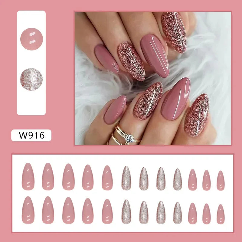 New Short Ballet 24 Pcs Fake Nail with Jelly sticker Press on False Nails Wearable Round Head Oval Full Cover Nail Tips