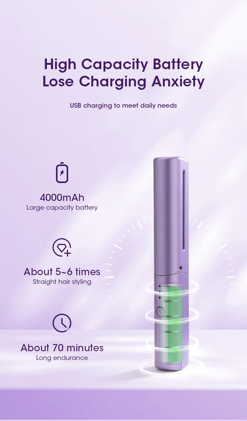 Wireless Hair Straightener and Curler Comb for Women USB Rechargeable Anti-Scald Portable Hair Brush for Home and Travel