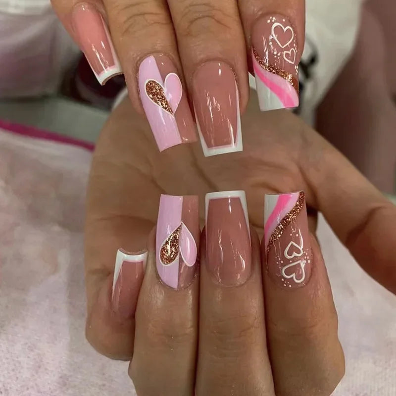 24Pcs/Set Love Ballerina Press on Nails Sets Free False Nails Adhesive Full Cover Artificial Art Fake Nail Professional Material