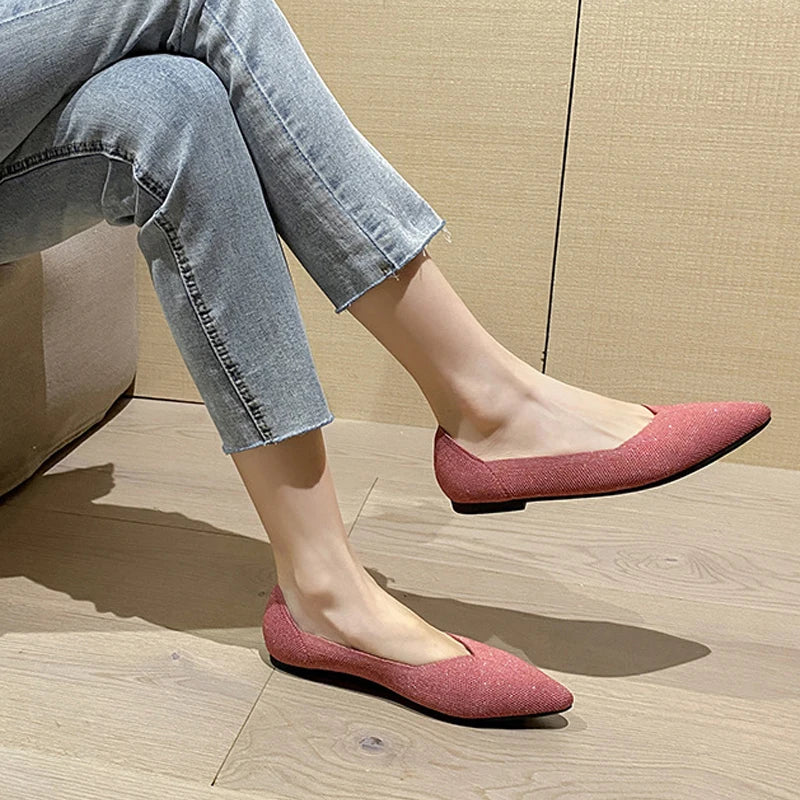 women's flat shoes large 42 / 43 upper breathable knitted sole non slip rubber material pointed shoes spring / summer2024 new