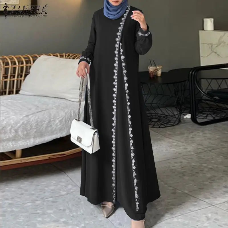 ZANZEA Autumn Women Long Sleeve O Neck Muslim Maxi Dress Kaftan Elegant Lace Crochet Loose Turkey Abaya Vestidos Islamic Dresses
