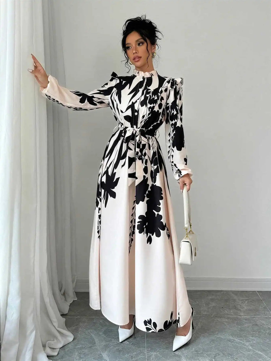 Dresses For Women Black And White Flowers Print Long Sleeve Ruffled Collar Elegant Dress Lace Up A-Line Dress 2026 Spring New