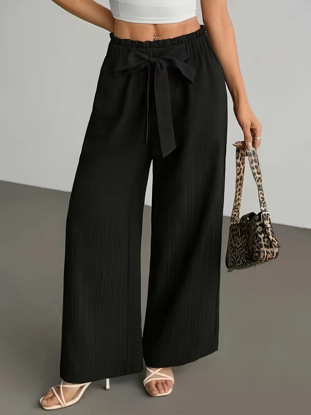 Women's Ruffled Waist Tie Wide-Leg Pants, Draped Striped Casual Trousers, High-Waisted Loose Straight Floor-Length Pants