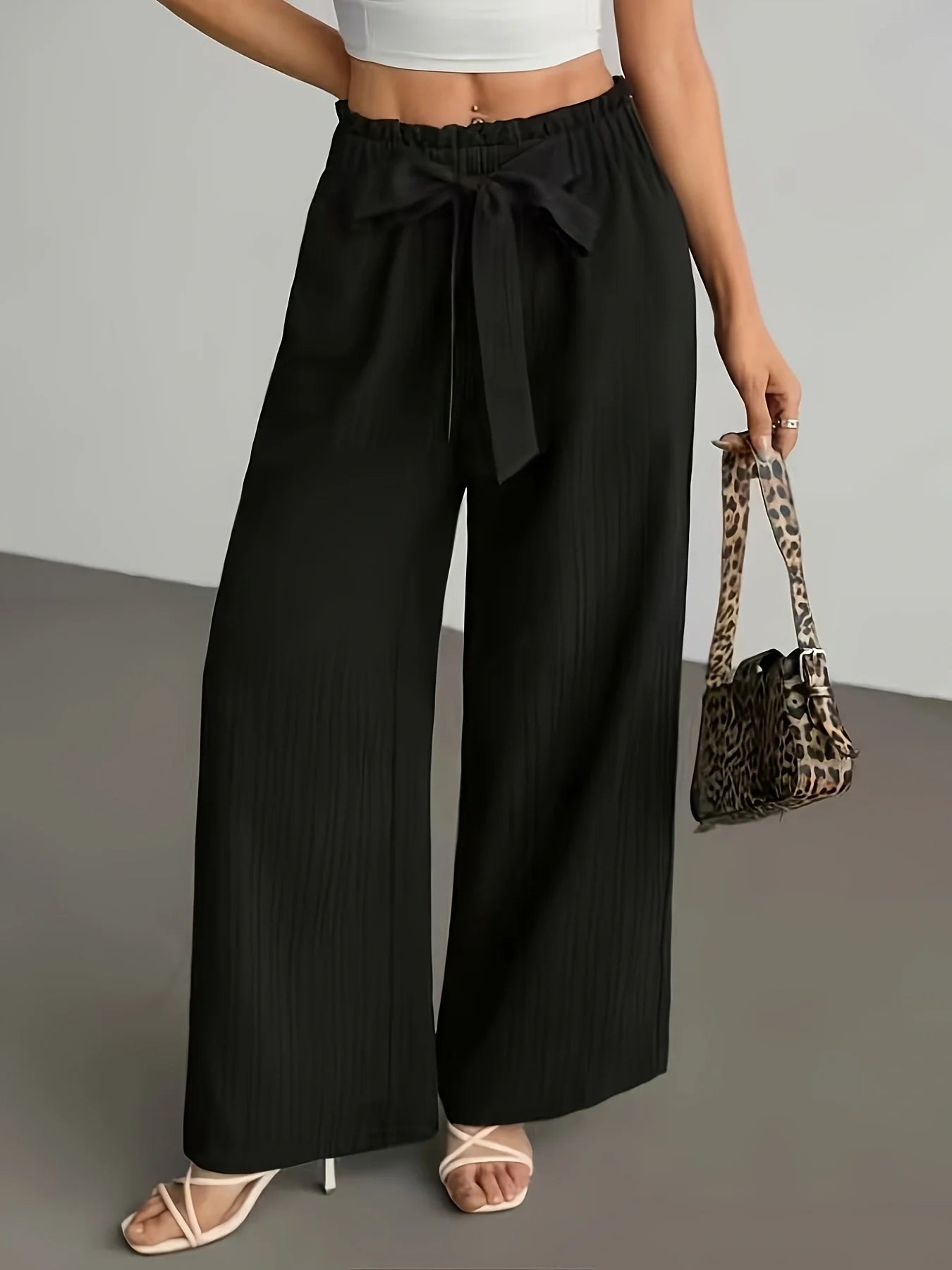 Women's Ruffled Waist Tie Wide-Leg Pants, Draped Striped Casual Trousers, High-Waisted Loose Straight Floor-Length Pants