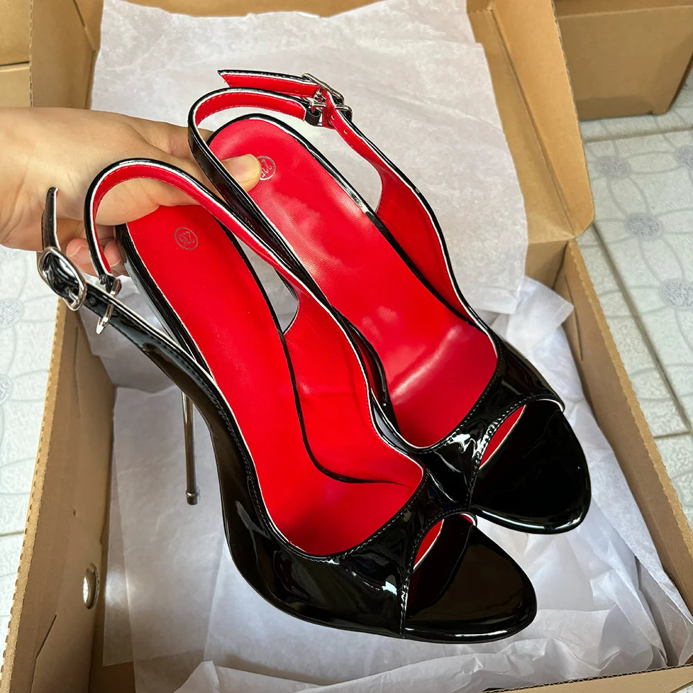 NEW Customize 16cm Extreme Metal High Heels Sandals Sexy Black Red inside Heel Peep Toe Slip On Cosplay Drag Queen Unisex Shoes