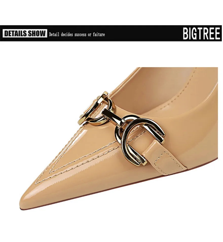 Red White Metal Buckle Wedding Shoes Women 2026 New Patent Leather Shallow High Heels Pumps Fashion Pointy Toe Party Shoes Woman