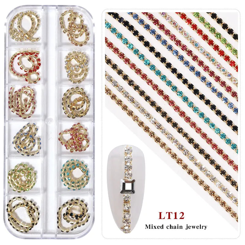Misscheering 12 Grid Mixed Style Nail Chain Jewelry For DIY Art Decoration Fashion Metal Nails Accessories For Manicure Design
