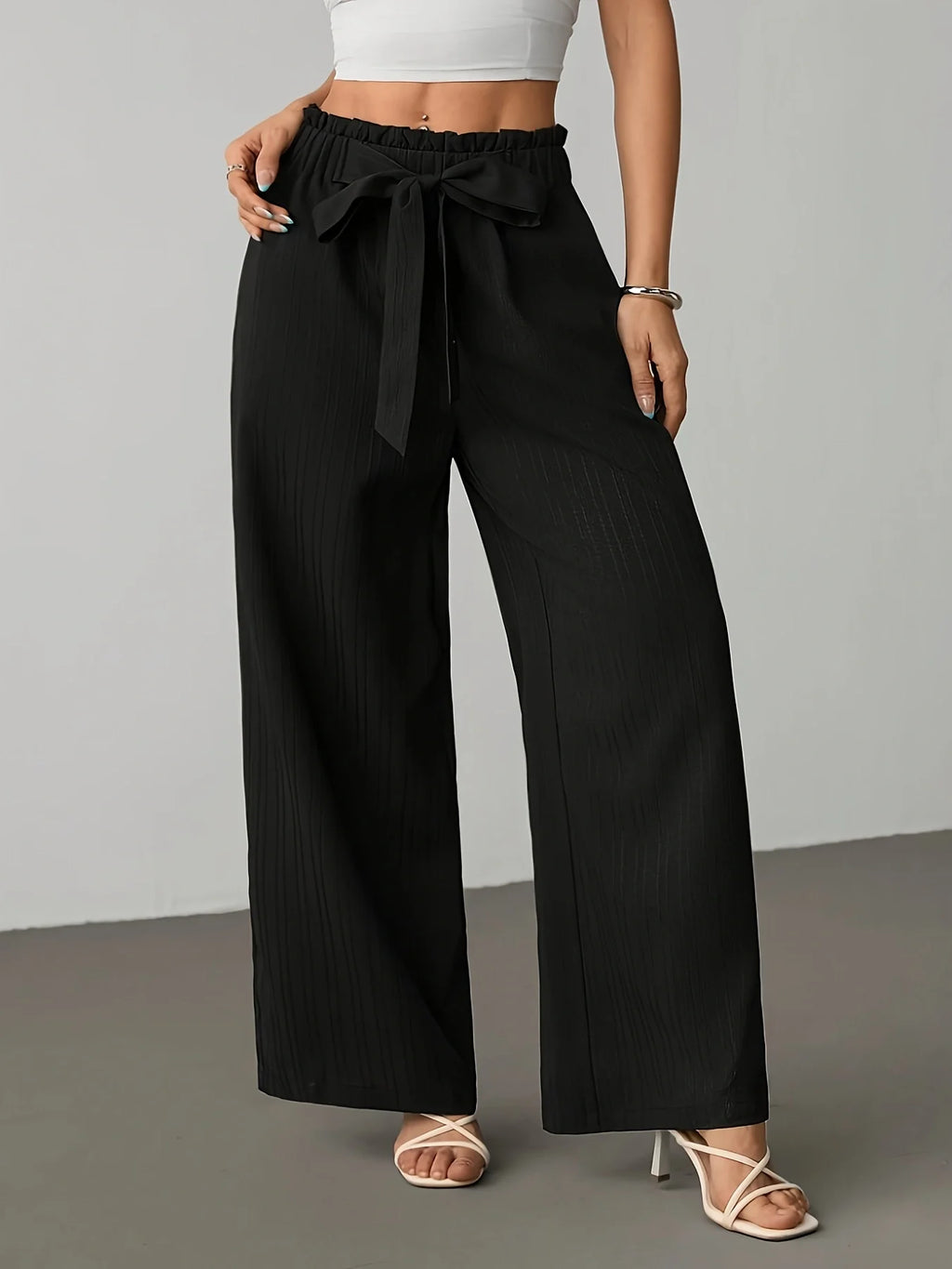 Women's Ruffled Waist Tie Wide-Leg Pants, Draped Striped Casual Trousers, High-Waisted Loose Straight Floor-Length Pants