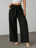 Women's Ruffled Waist Tie Wide-Leg Pants, Draped Striped Casual Trousers, High-Waisted Loose Straight Floor-Length Pants