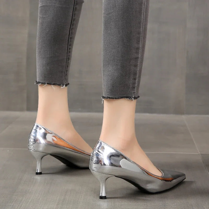 2026 New Lady Pointe Toe Gold Silver Pumps Female Wedding Bridal Shoes  Fashion Women Patent Leather High Heels Plus Size 45