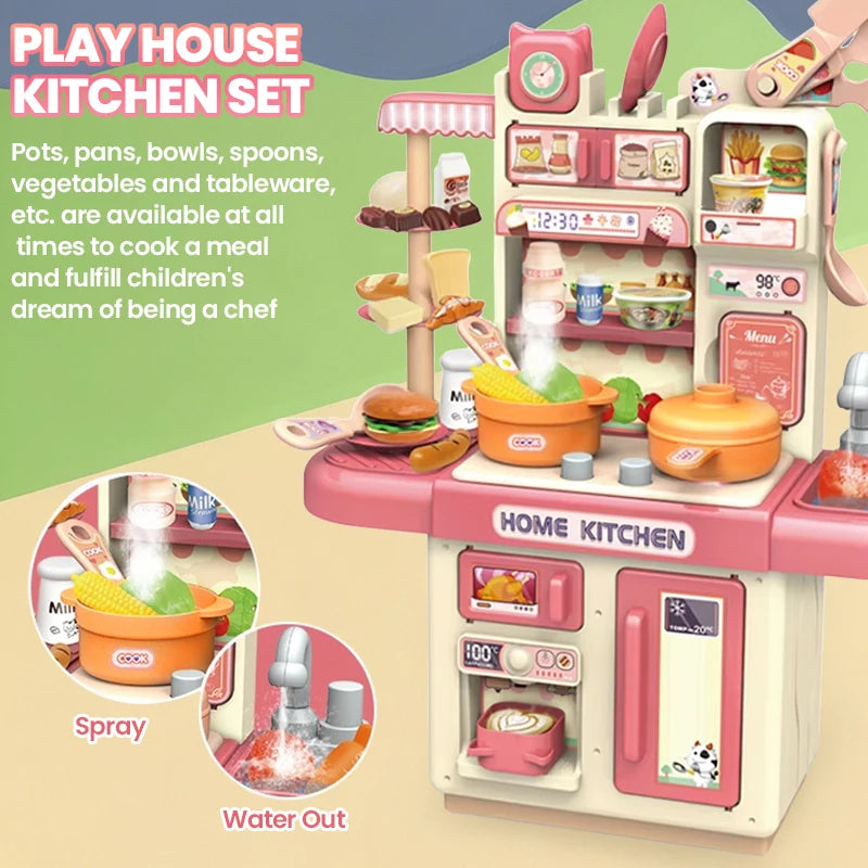 Kids Kitchen Play Set Water Spray Light Sound Electronic Stove Simulated Cooking Dining Table House Play Toy Gifts for Girls Boy