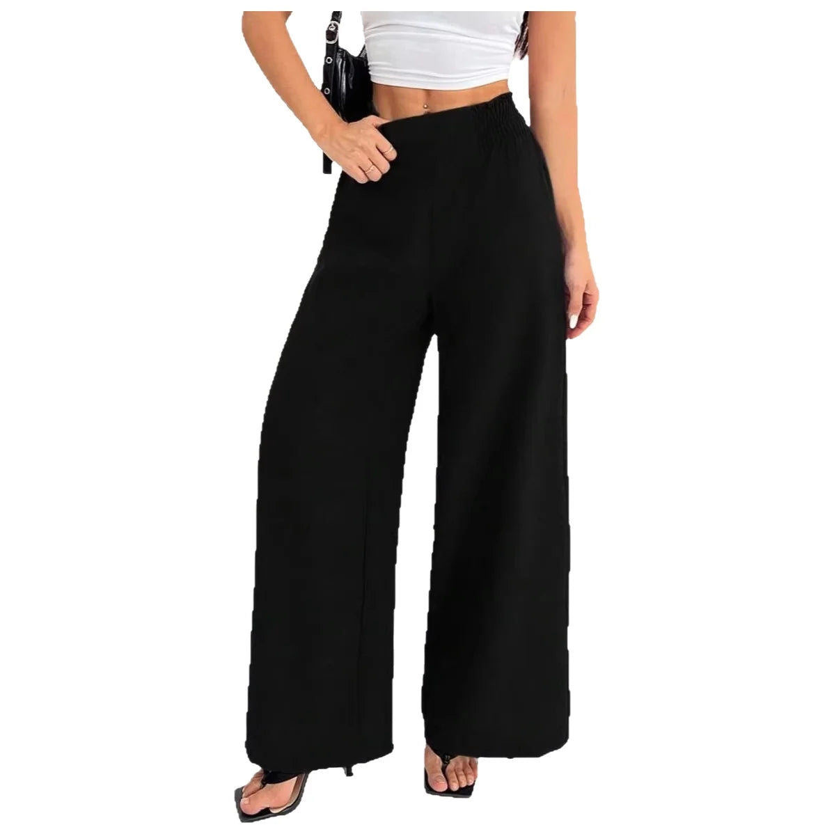 Cross-Border Women's Wide Leg Pants Elastic Pure Color Loose Fit Trousers Fresh Sweet Style Polyester Fabric Casual Pants