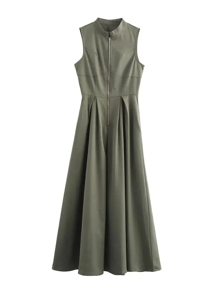 Fashion Sleeveless Spliced Zipper Long Dress Elegant V-neck High Waist Slim Pleated Maxi Dresses Summer Office Lady Street Robes