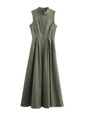 Fashion Sleeveless Spliced Zipper Long Dress Elegant V-neck High Waist Slim Pleated Maxi Dresses Summer Office Lady Street Robes