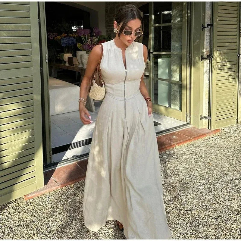 Fashion Sleeveless Spliced Zipper Long Dress Elegant V-neck High Waist Slim Pleated Maxi Dresses Summer Office Lady Street Robes