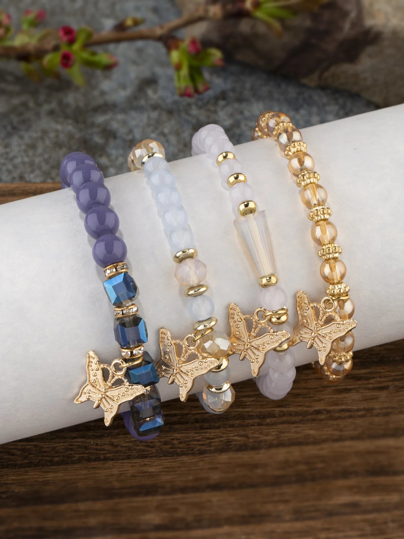 4Pcs Bohemian Butterfly Charm Bracelet Set For Women Crystal Beads Chain Bangle Female Fashion Party Jewelry Gift