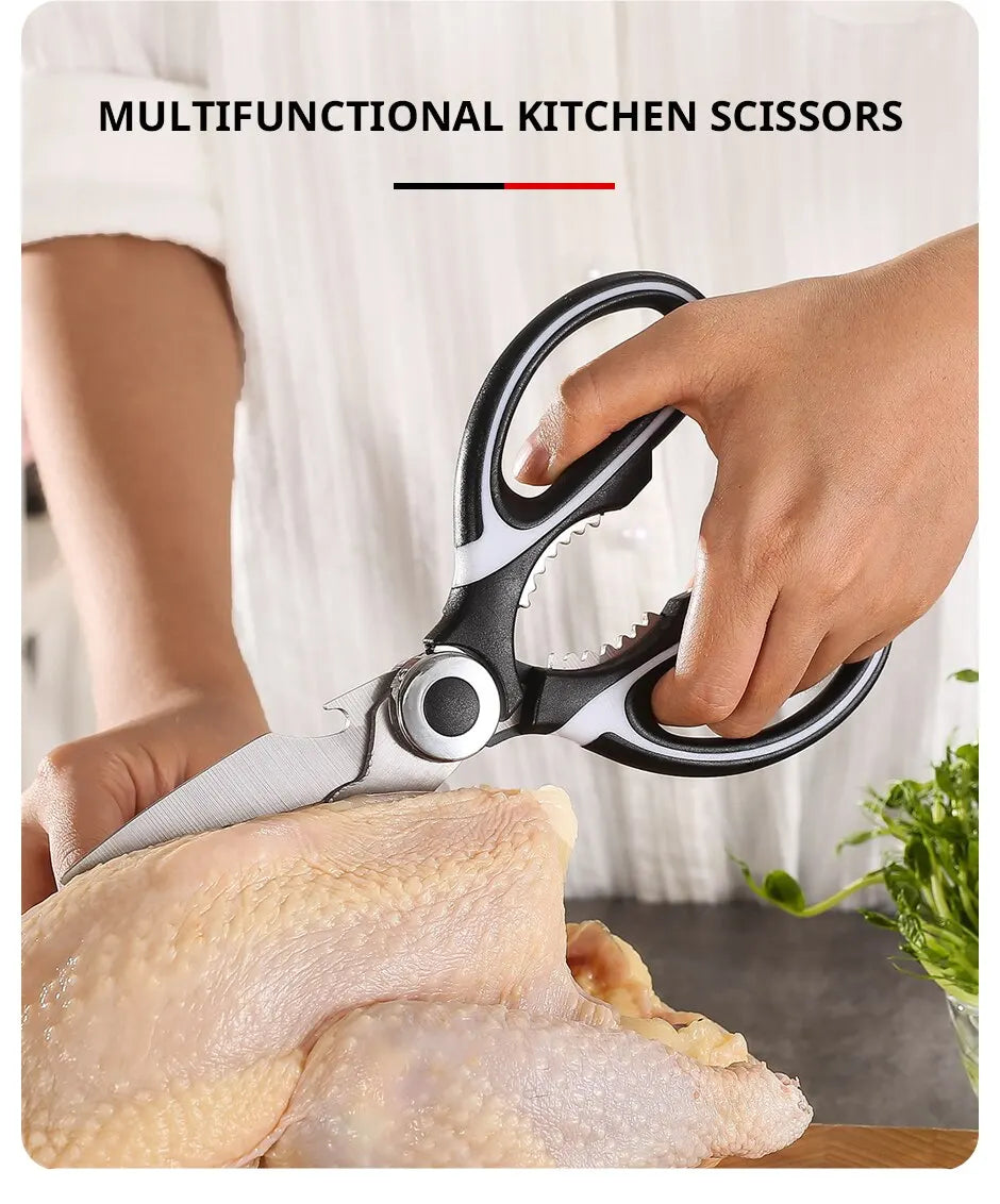 Stainless Steel Kitchen Scissors Multifunctional Household Chicken Bone Scissors With Lid Can Be Opened To Clip Walnuts