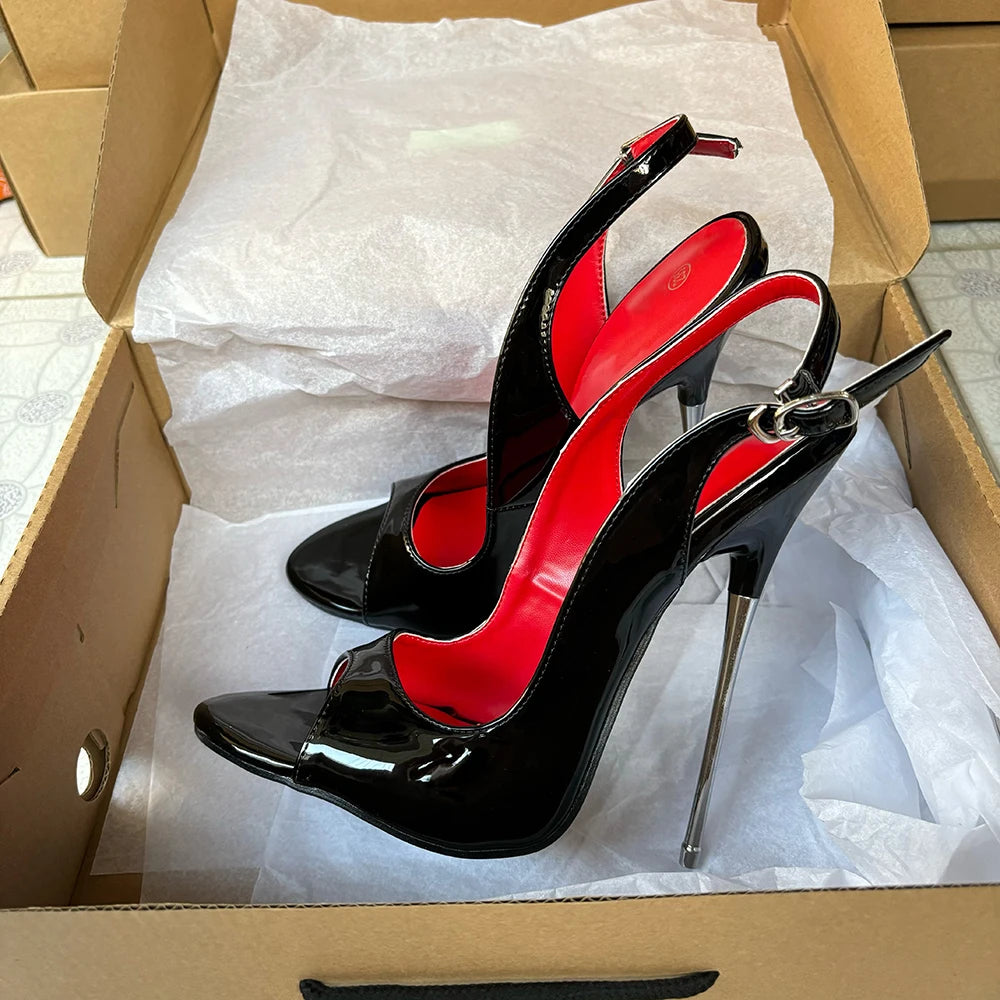 NEW Customize 16cm Extreme Metal High Heels Sandals Sexy Black Red inside Heel Peep Toe Slip On Cosplay Drag Queen Unisex Shoes