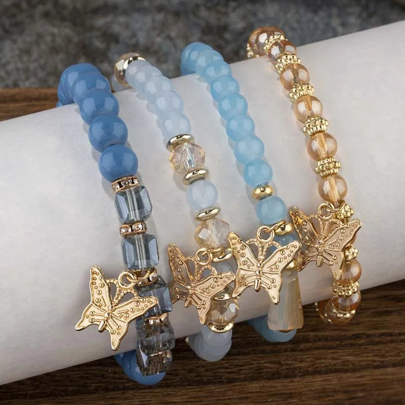 4Pcs Bohemian Butterfly Charm Bracelet Set For Women Crystal Beads Chain Bangle Female Fashion Party Jewelry Gift