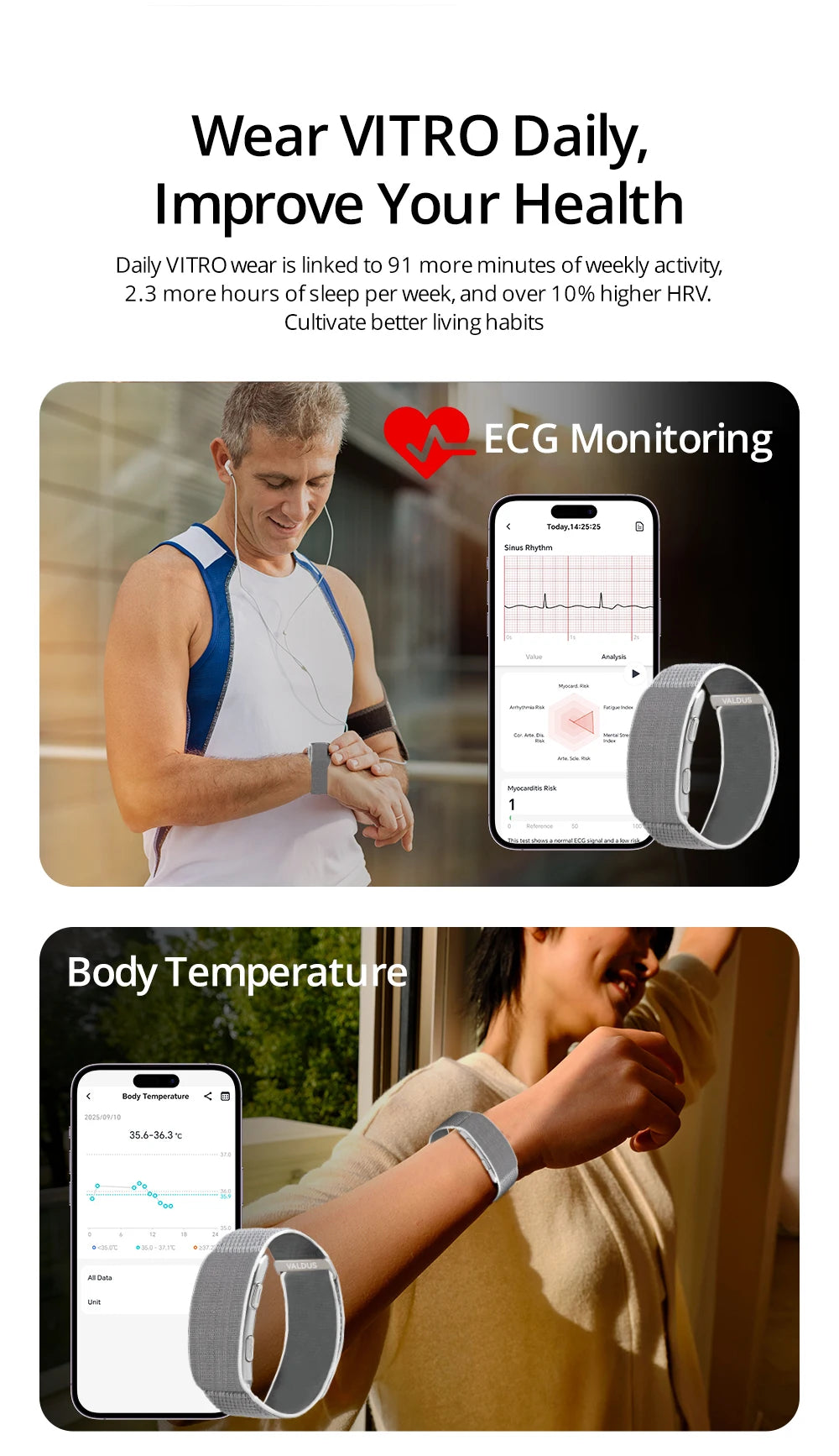 VALDUS Long Batterylife VITRO Smart Screenless ECG Health Care Heart Rate HRV Activity Fitness Tracker Band Smart Bracelet