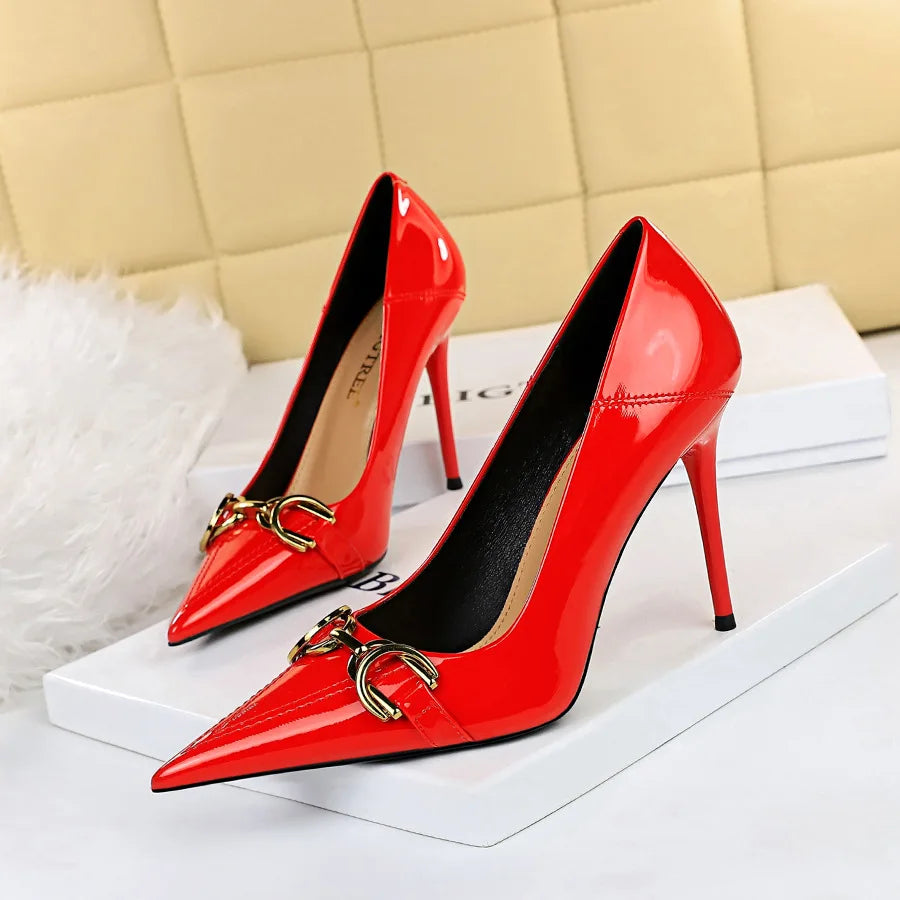 Red White Metal Buckle Wedding Shoes Women 2026 New Patent Leather Shallow High Heels Pumps Fashion Pointy Toe Party Shoes Woman