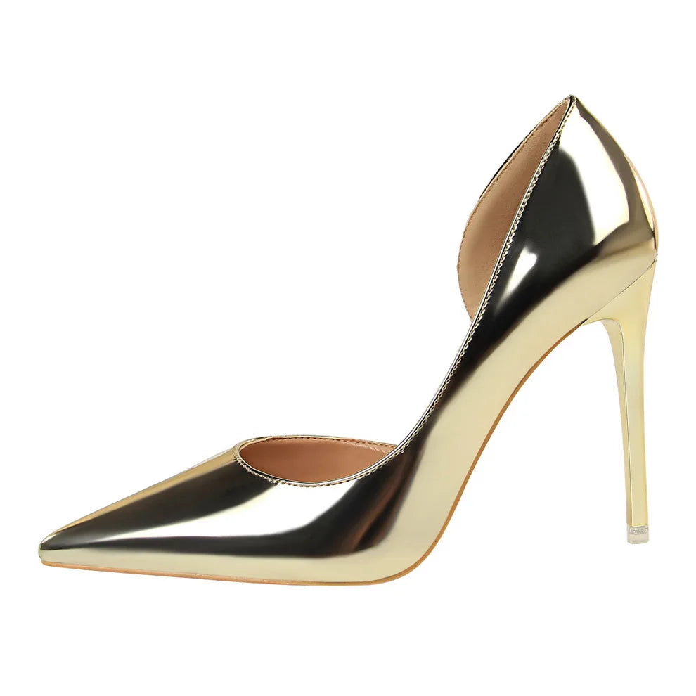 Women 10.5cm High Heels Pumps Lady Stripper Stiletto Metallic Leather Scarpins Wedding Heels Catwalk Party Silver Gold Shoes