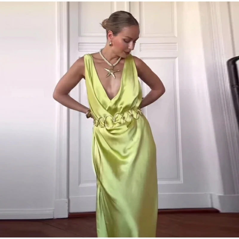 Elegant Pleated Backless Split Long Dress Women Sleeveless High Waist Green 2025 Summer New Holiday Party Dresses Street Robe