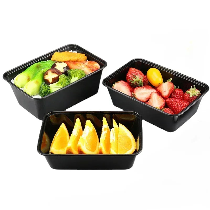 20 PCS/1000ml Thickened Disposable Takeout Lunch Box Tableware Can Be Heated Rectangular Black Plastic Bowl Food Packaging