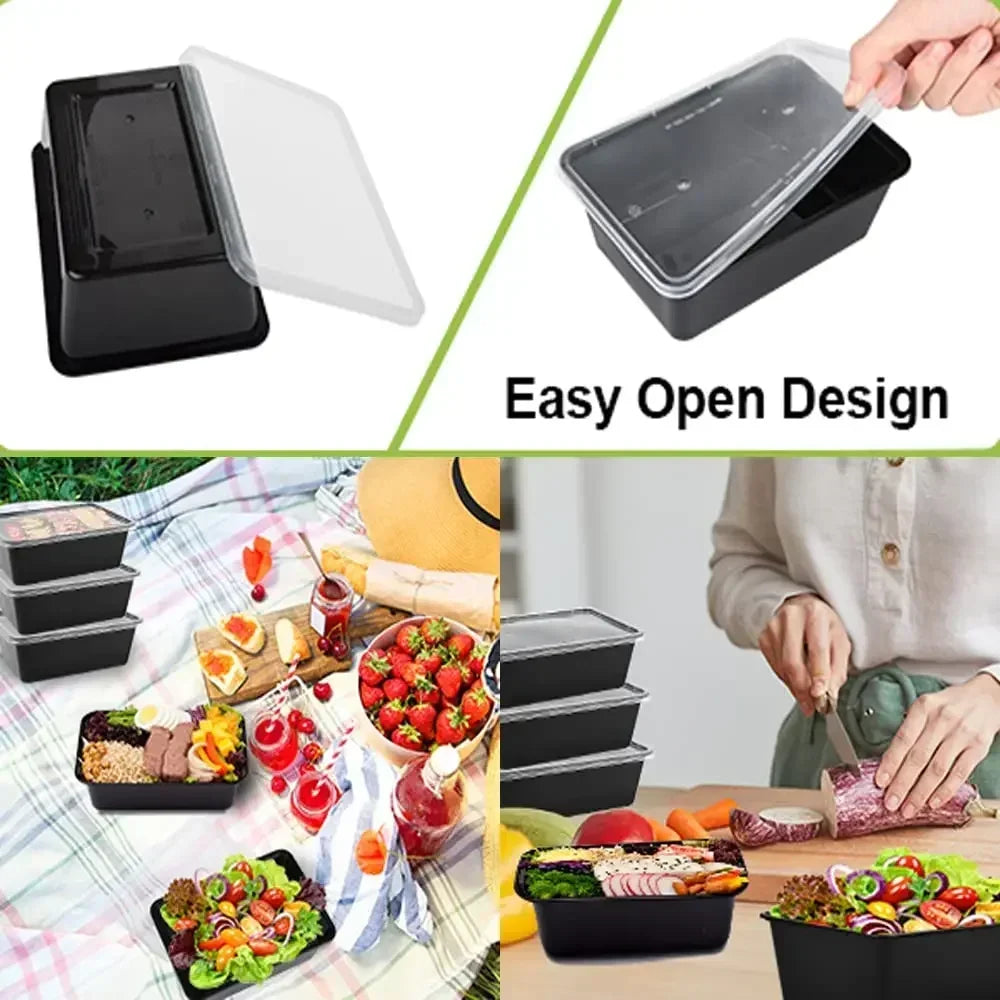 20 PCS/1000ml Thickened Disposable Takeout Lunch Box Tableware Can Be Heated Rectangular Black Plastic Bowl Food Packaging