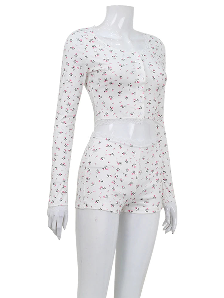 Sexy Women 2 Piece Outfit French Style Floral Lace Long Sleeve Top Shorts Set Casual Pajamas Tracksuit Club Party Lounge