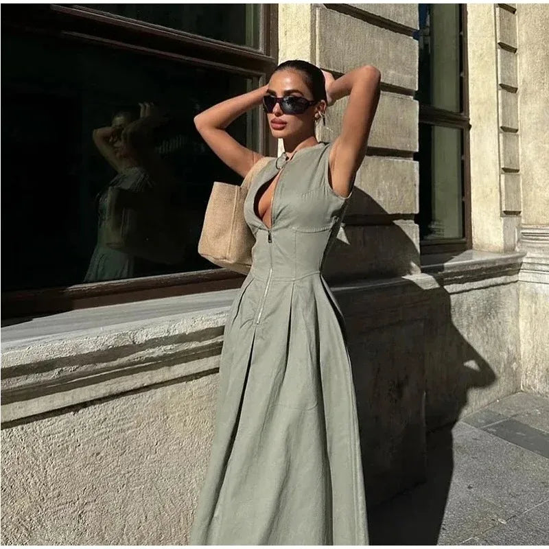 Fashion Sleeveless Spliced Zipper Long Dress Elegant V-neck High Waist Slim Pleated Maxi Dresses Summer Office Lady Street Robes