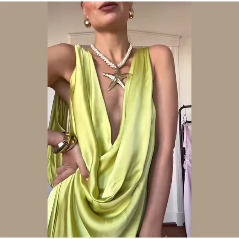 Elegant Pleated Backless Split Long Dress Women Sleeveless High Waist Green 2025 Summer New Holiday Party Dresses Street Robe