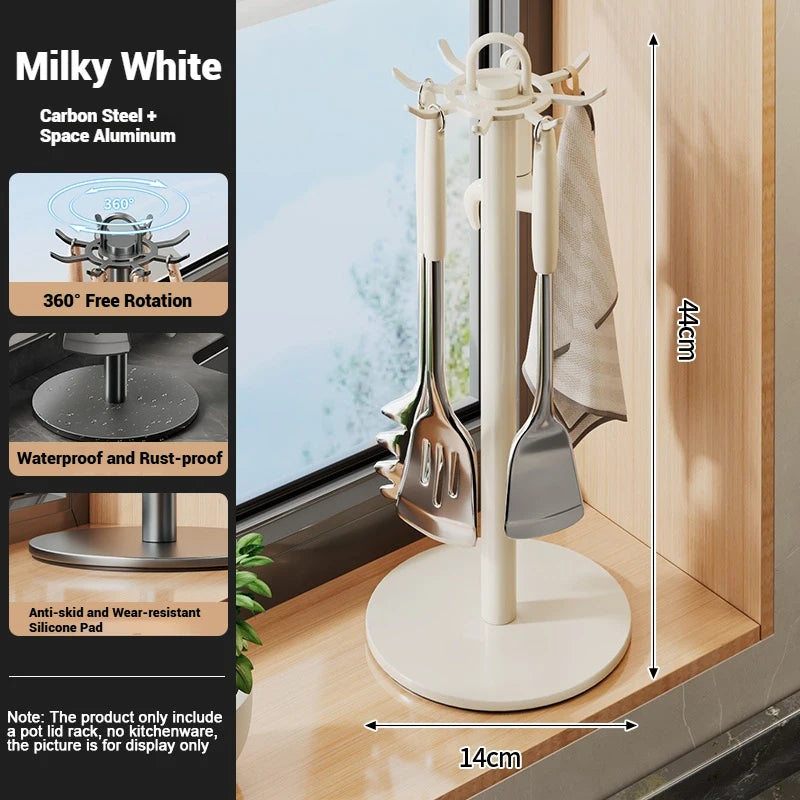 Kitchen Utensil Stand: Rotating Storage Hanger with 8 Hooks,for Countertop Organization rotatable Cooking Utensils Holder