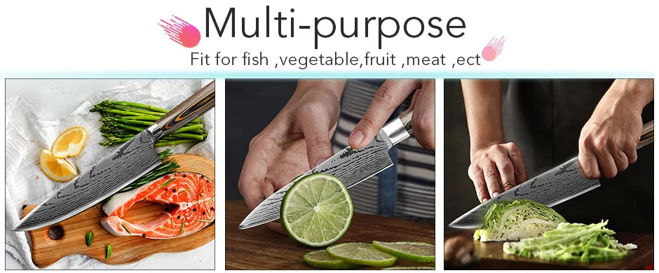 Kitchen Knife Chef Knives Japanese 7CR17 440C High Carbon Stainless Steel Imitation Damascus Sanding Laser Knife